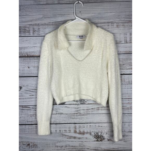 525 Eyelash Collared Sweater White Small Long Sleeve Crop Preppy Neutral Boho - Picture 1 of 9